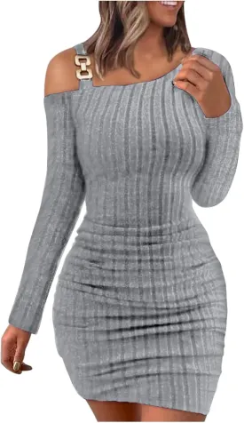 HGps8w Sweater Dress for Women Sexy Cold Shoulder Chain Strap Slim Fit Ribbed Knit Cocktail Party Bodycon Mini Dresses