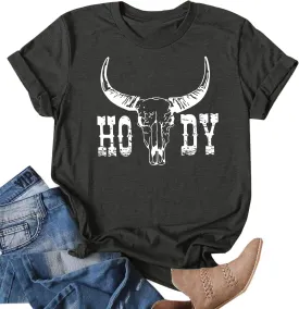 Howdy Shirt Women Cow Skull Shirt Western Country T Shirts Vintage Cowgirl Shirts Casual Short Sleeve Tee Tops