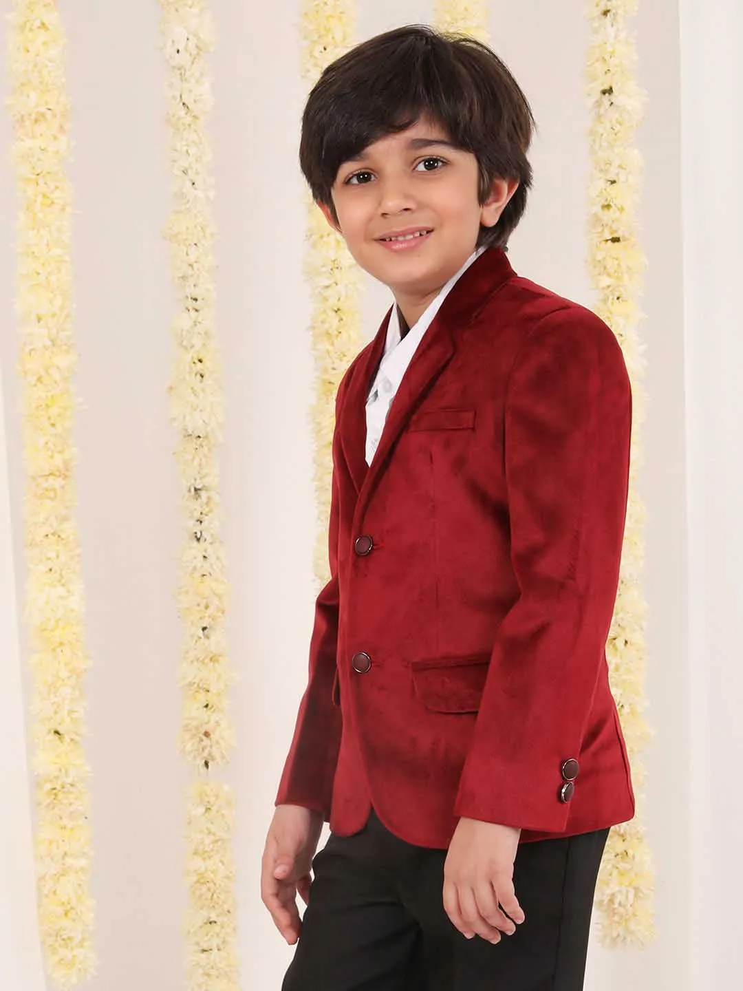 Jashvi Boy's Maroon Velvet Blazer