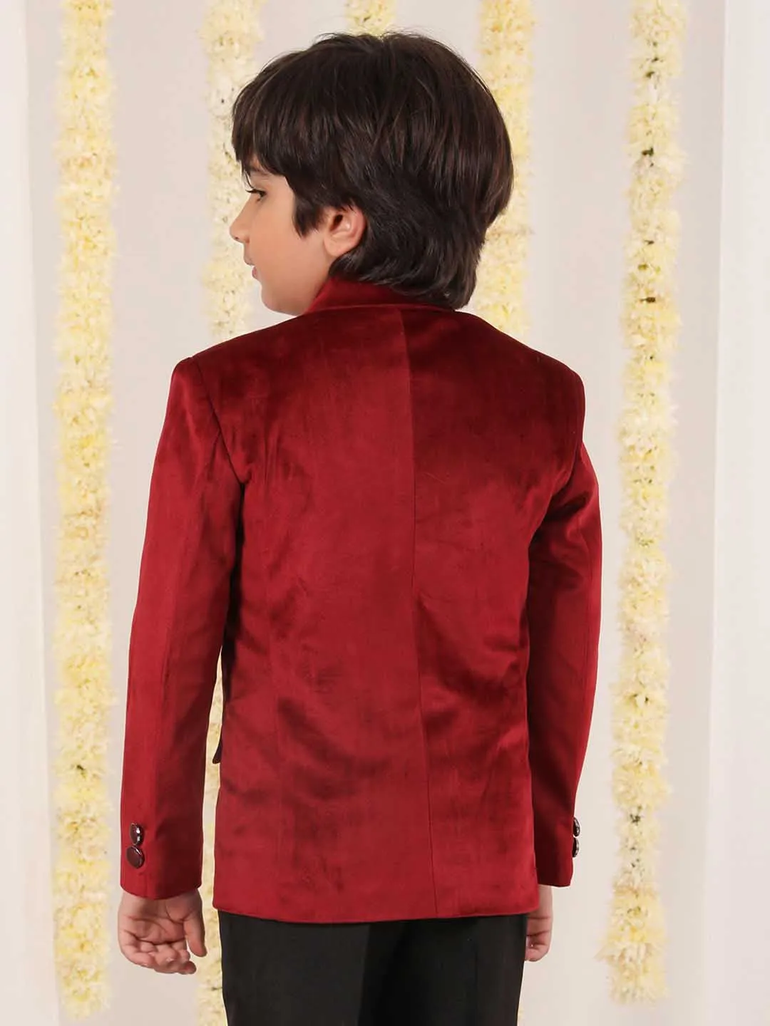 Jashvi Boy's Maroon Velvet Blazer