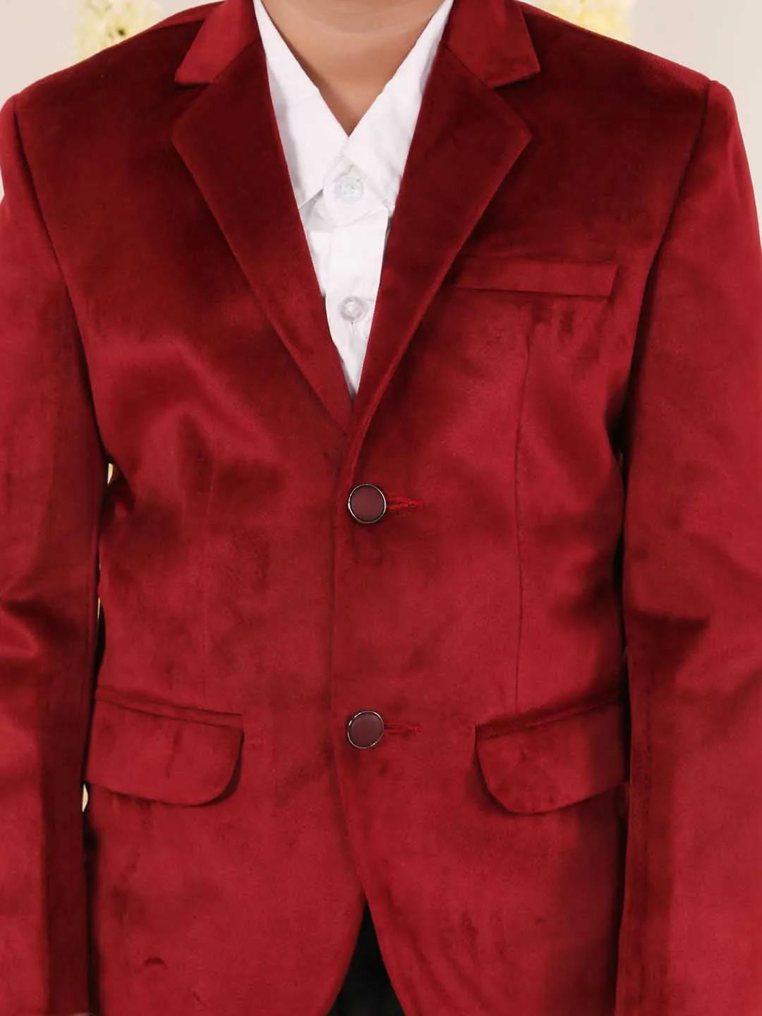 Jashvi Boy's Maroon Velvet Blazer