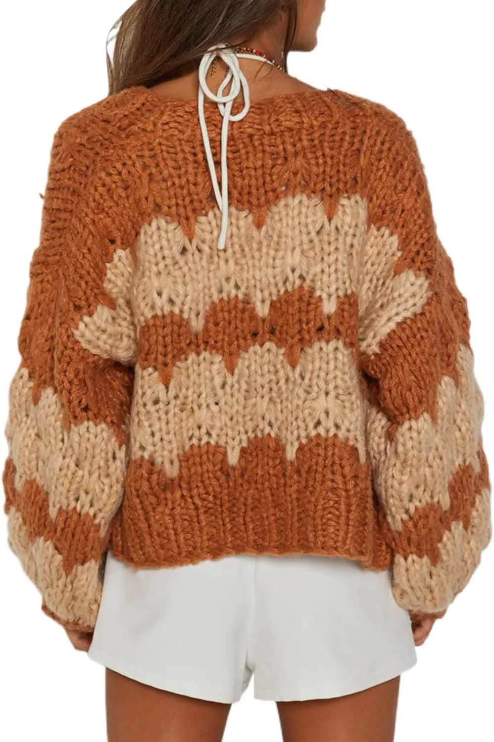 KMBANGI Women Crochet Chunky Sweater Open Front Long Sleeve Cable Knit Cardigan Cute Oversized Jumper Aesthetic Knitwear