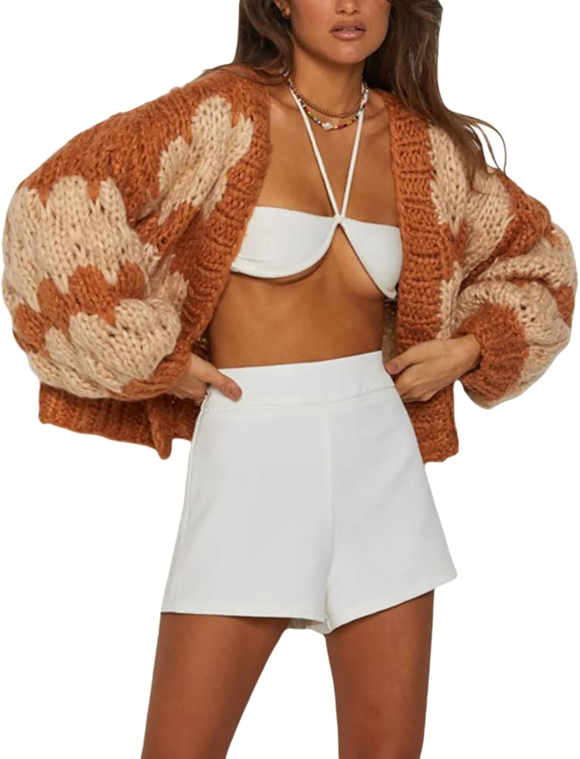 KMBANGI Women Crochet Chunky Sweater Open Front Long Sleeve Cable Knit Cardigan Cute Oversized Jumper Aesthetic Knitwear