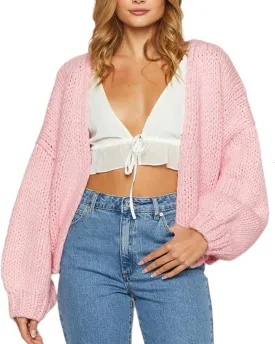 KMBANGI Women Crochet Chunky Sweater Open Front Long Sleeve Cable Knit Cardigan Cute Oversized Jumper Aesthetic Knitwear