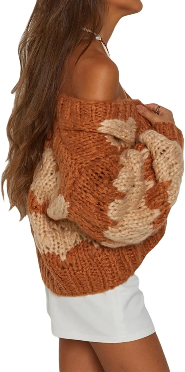 KMBANGI Women Crochet Chunky Sweater Open Front Long Sleeve Cable Knit Cardigan Cute Oversized Jumper Aesthetic Knitwear