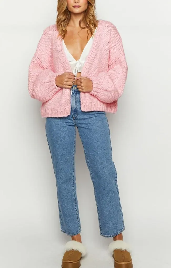 KMBANGI Women Crochet Chunky Sweater Open Front Long Sleeve Cable Knit Cardigan Cute Oversized Jumper Aesthetic Knitwear