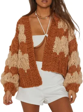 KMBANGI Women Crochet Chunky Sweater Open Front Long Sleeve Cable Knit Cardigan Cute Oversized Jumper Aesthetic Knitwear