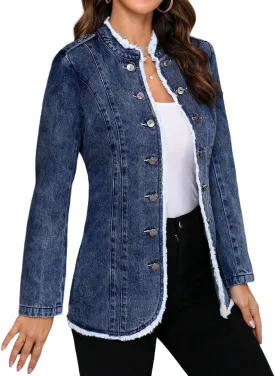 LifeShe Women's Denim Jacket Plus Size Double Breasted Button Raw Trim Jean Jackets Coat