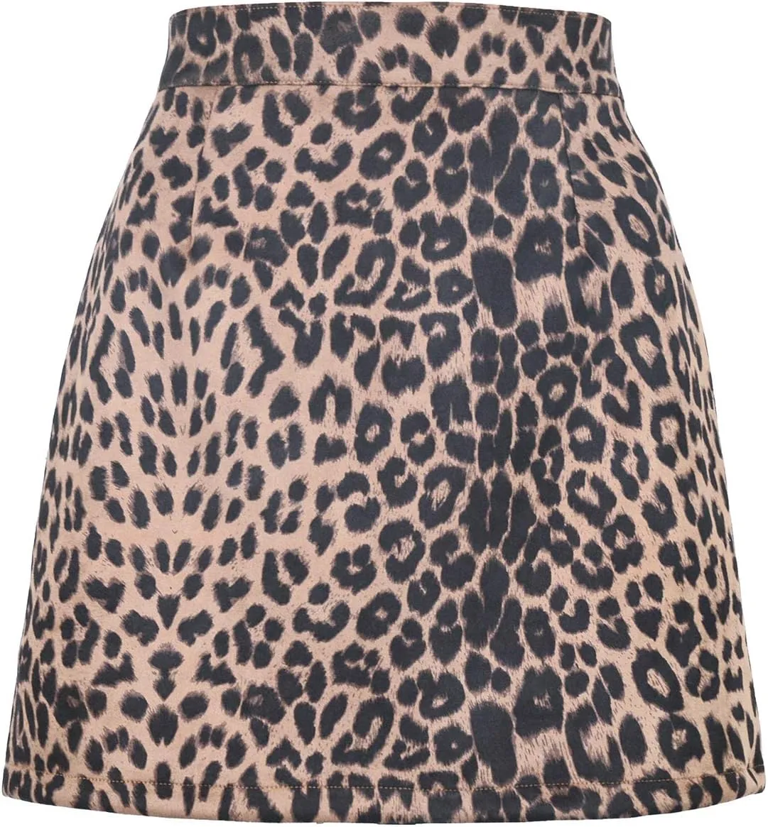 LYANER Women's Faux Suede Leopard Print High Waist Zipper Mini A-Line Short Skirt