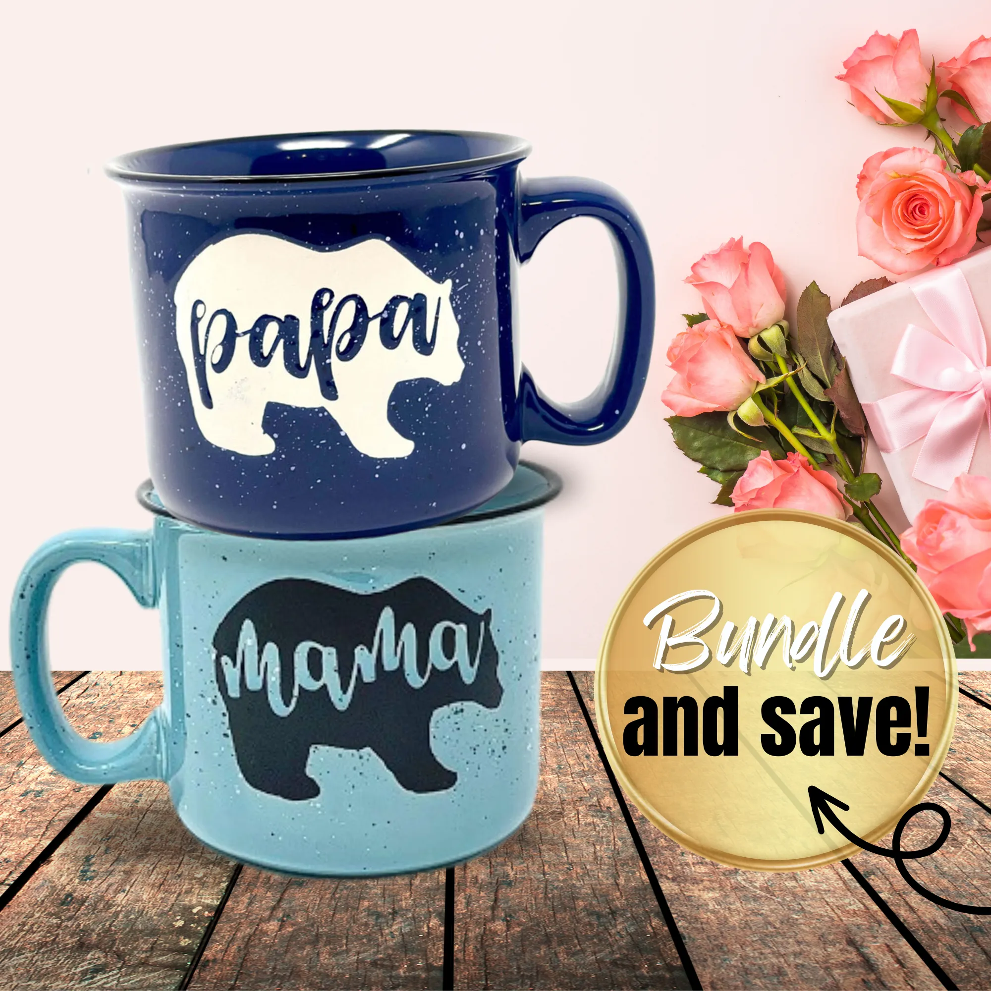Mama Bear & Papa Bear Coffee Mug - Cute Coffee Cups for Men and Women - Unique Fun Gifts for Him, Her, Mother's Day, Father's Day, Christmas (Mama Bear Teal & Papa Bear Dark Blue Gift Set)