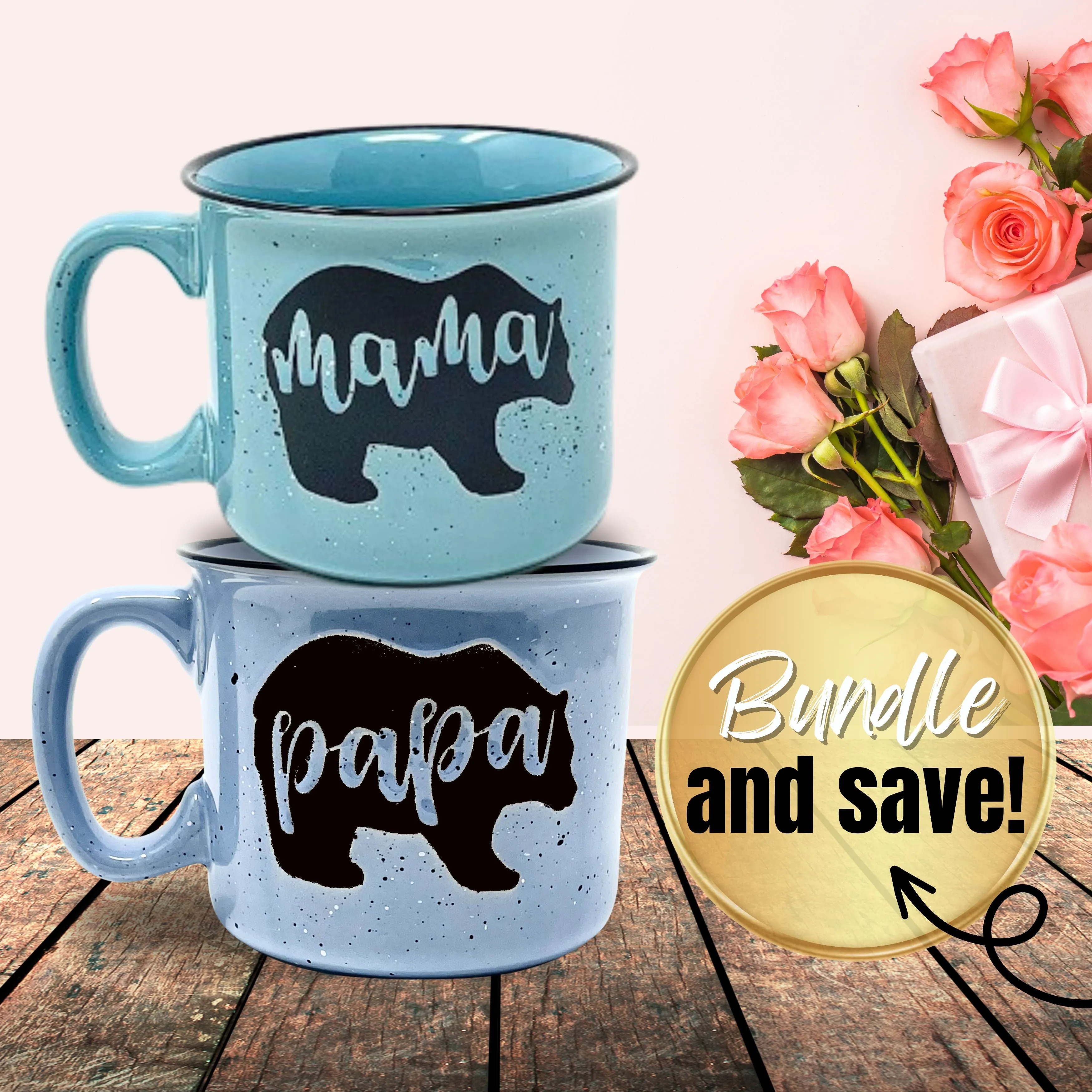 Mama Bear Coffee Mug for Mom, Mother, Wife - Cute Coffee Cups for Women - Unique Fun Gifts for Her, Mother's Day, Christmas (Mama Bear Teal and Papa Bear Light Blue Gift Set)