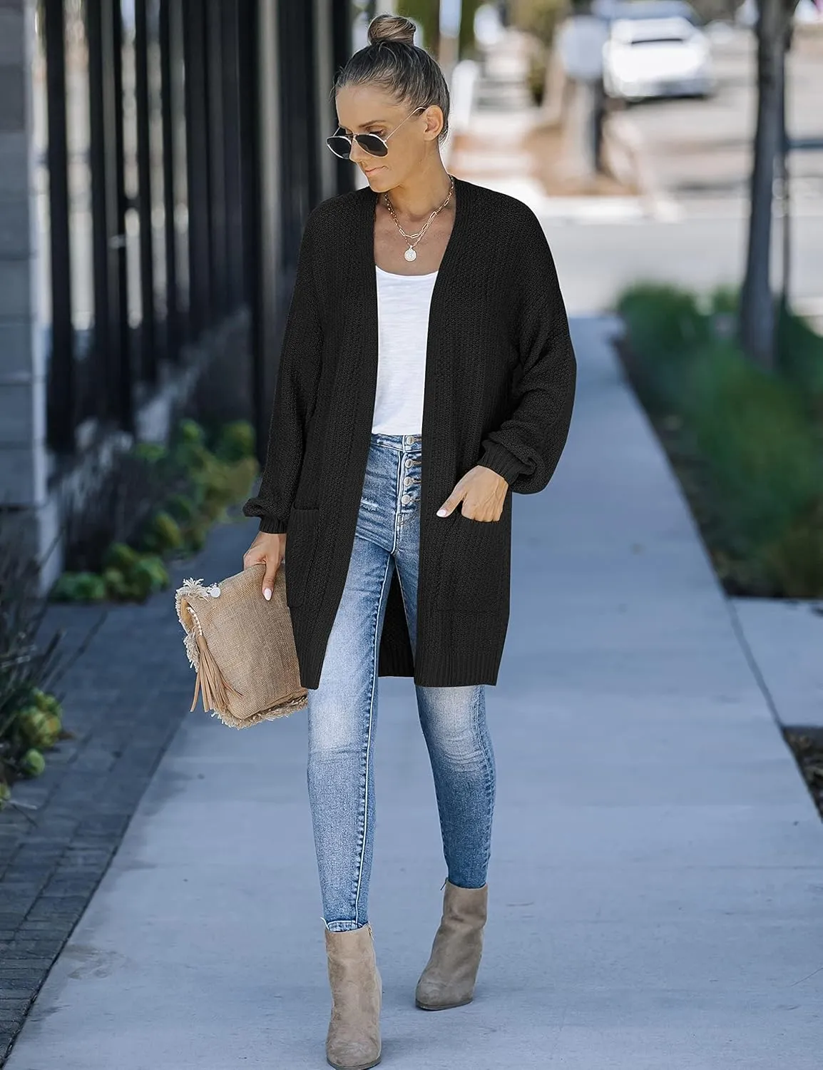 MEROKEETY Women's 2024 Fall Open Front Chunky Knit Sweater Oversized Lantern Sleeve Cardigan Outwear