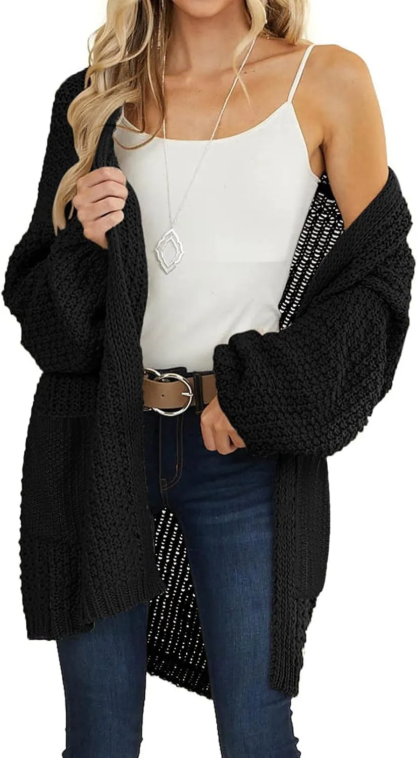 MEROKEETY Women's 2024 Fall Open Front Chunky Knit Sweater Oversized Lantern Sleeve Cardigan Outwear