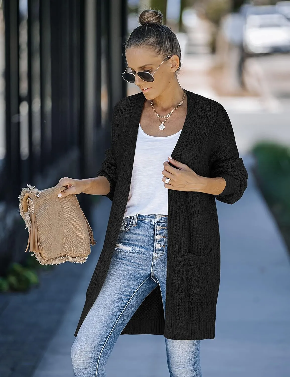 MEROKEETY Women's 2024 Fall Open Front Chunky Knit Sweater Oversized Lantern Sleeve Cardigan Outwear