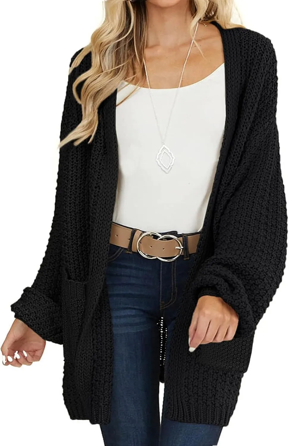 MEROKEETY Women's 2024 Fall Open Front Chunky Knit Sweater Oversized Lantern Sleeve Cardigan Outwear