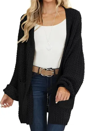 MEROKEETY Women's 2024 Fall Open Front Chunky Knit Sweater Oversized Lantern Sleeve Cardigan Outwear