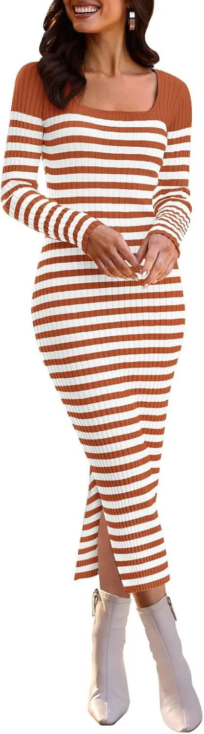 MEROKEETY Women's Fall Long Sleeve Striped Sweater Dress Bodycon Square Neck Ribbed Knit Slit Midi Dresses