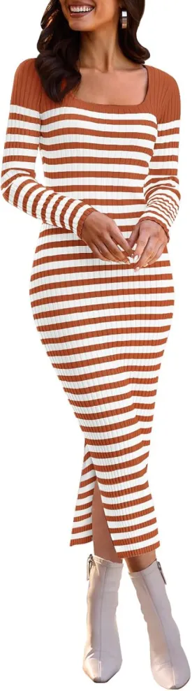 MEROKEETY Women's Fall Long Sleeve Striped Sweater Dress Bodycon Square Neck Ribbed Knit Slit Midi Dresses