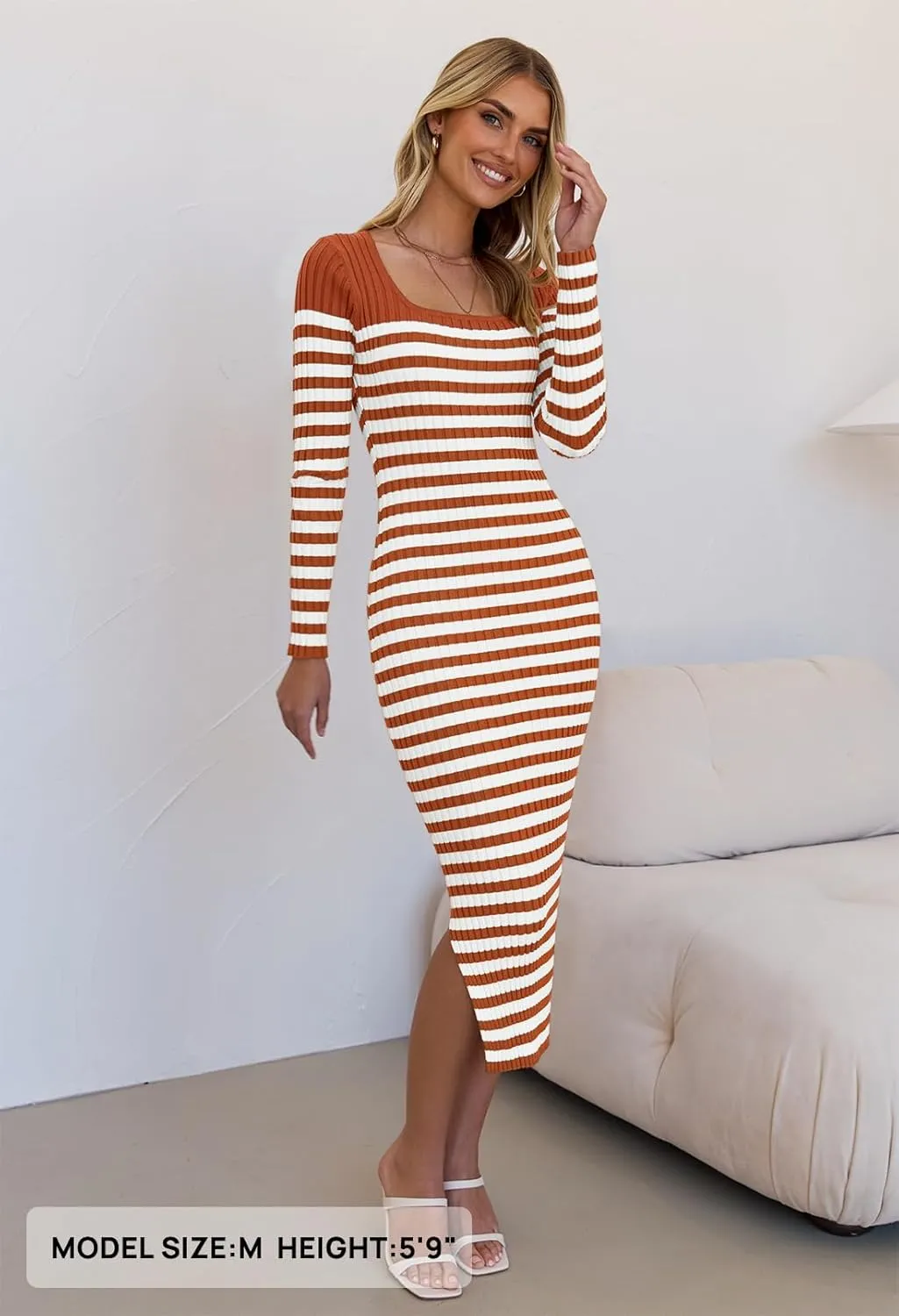 MEROKEETY Women's Fall Long Sleeve Striped Sweater Dress Bodycon Square Neck Ribbed Knit Slit Midi Dresses