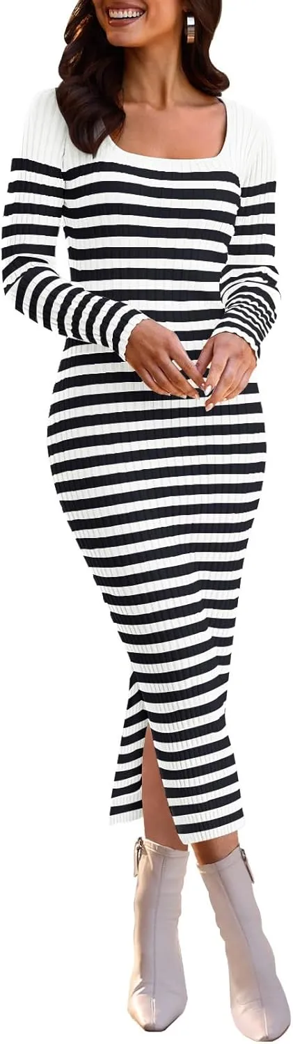 MEROKEETY Women's Fall Long Sleeve Striped Sweater Dress Bodycon Square Neck Ribbed Knit Slit Midi Dresses