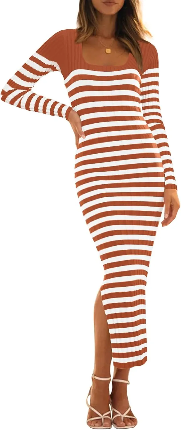MEROKEETY Women's Fall Long Sleeve Striped Sweater Dress Bodycon Square Neck Ribbed Knit Slit Midi Dresses