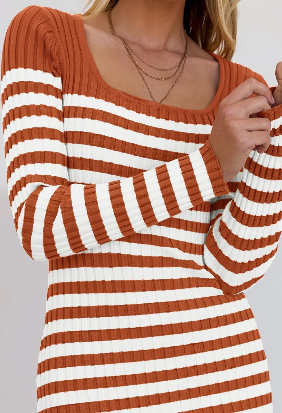 MEROKEETY Women's Fall Long Sleeve Striped Sweater Dress Bodycon Square Neck Ribbed Knit Slit Midi Dresses