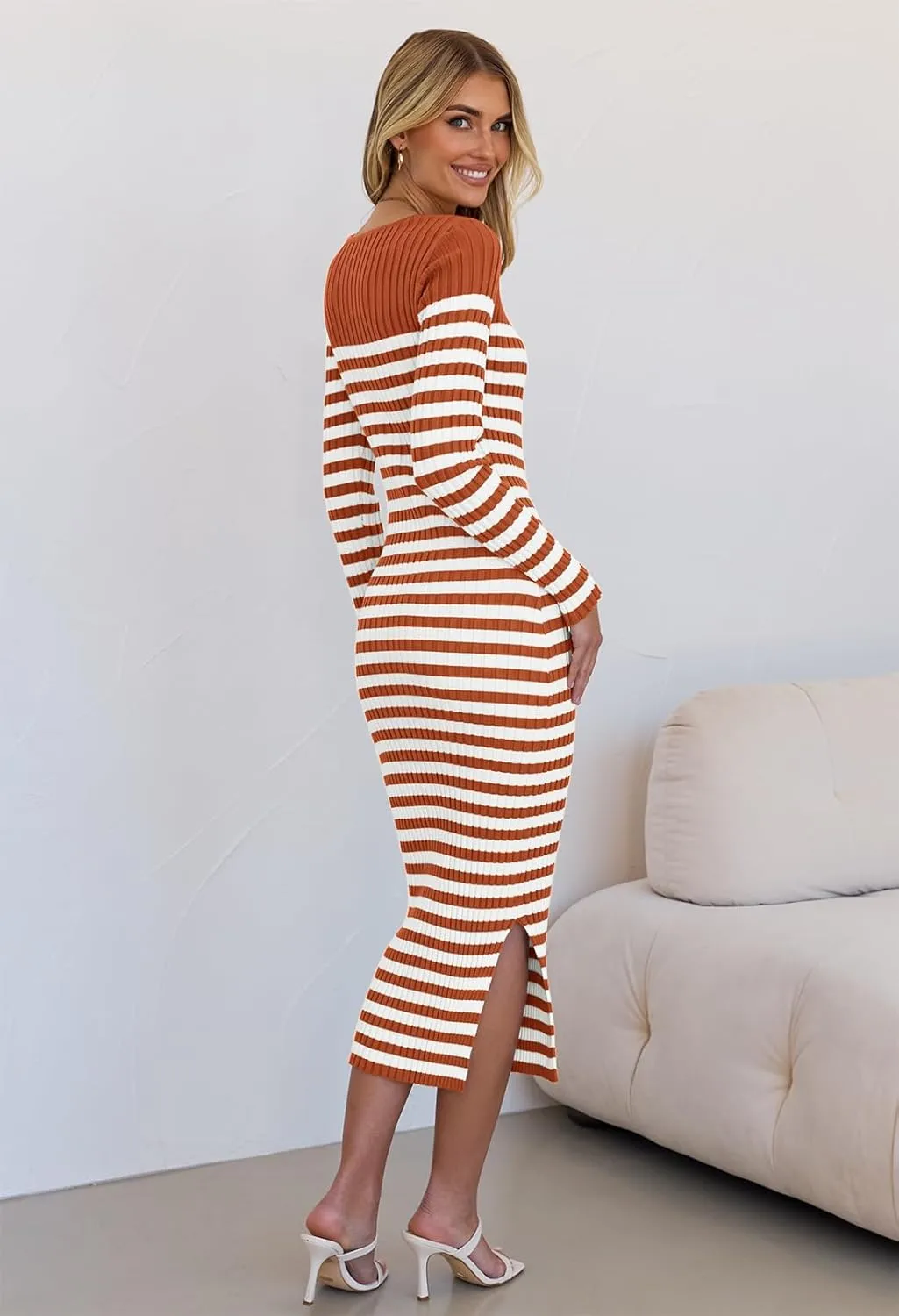 MEROKEETY Women's Fall Long Sleeve Striped Sweater Dress Bodycon Square Neck Ribbed Knit Slit Midi Dresses