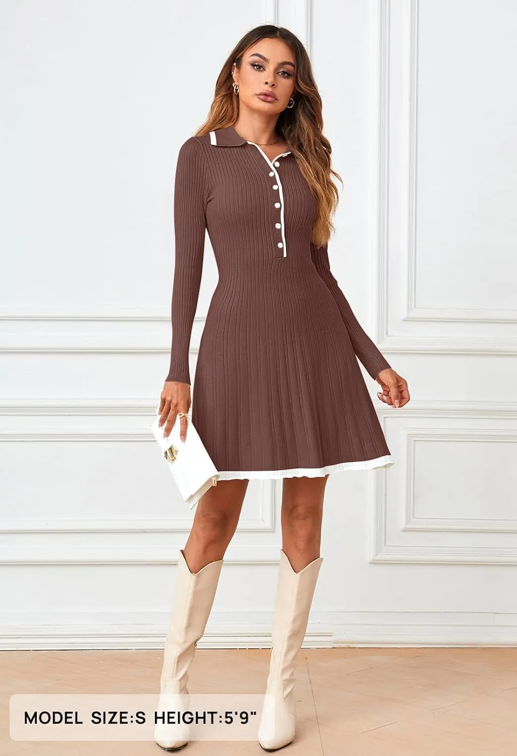 MEROKEETY Women's Long Sleeve V Neck Sweater Dress 2025 Spring Button Knit Pleated Mini Work Dresses
