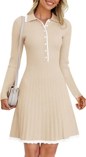 MEROKEETY Women's Long Sleeve V Neck Sweater Dress 2025 Spring Button Knit Pleated Mini Work Dresses