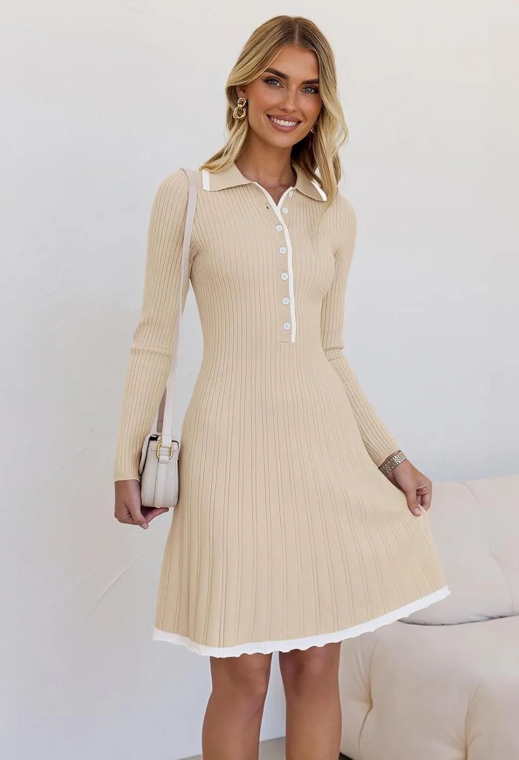 MEROKEETY Women's Long Sleeve V Neck Sweater Dress 2025 Spring Button Knit Pleated Mini Work Dresses