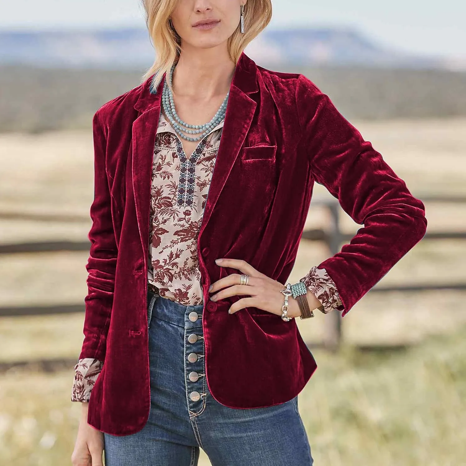 Mintlimit Women's Velvet Blazer Jacket - Long Sleeve V Neck Coat