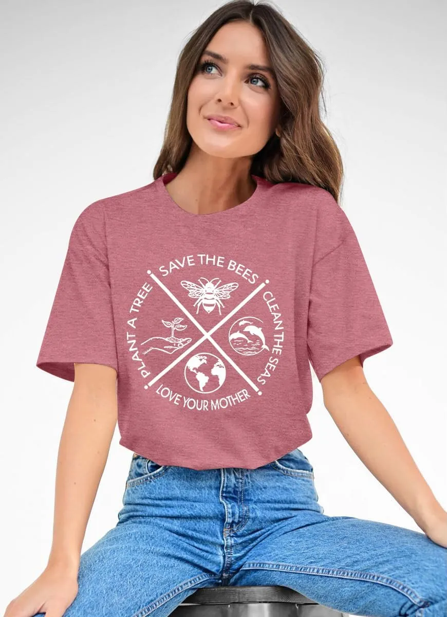 PECHAR Earth Day Shirts for Women : Protect The Environment T-Shirts Bees Graphic Short Sleeve Blouse Tops