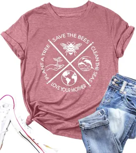 PECHAR Earth Day Shirts for Women : Protect The Environment T-Shirts Bees Graphic Short Sleeve Blouse Tops