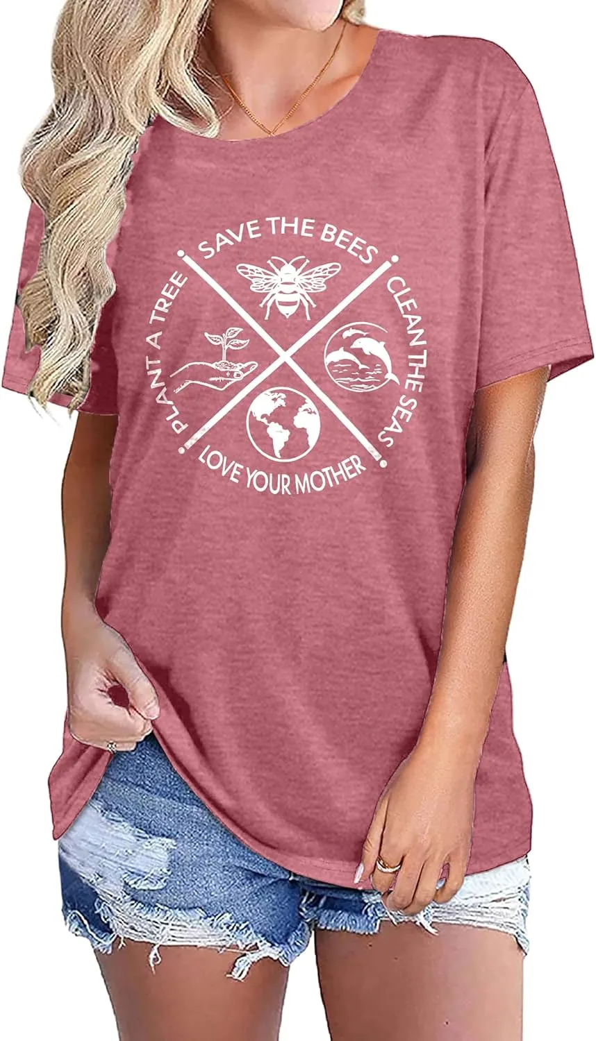 PECHAR Earth Day Shirts for Women : Protect The Environment T-Shirts Bees Graphic Short Sleeve Blouse Tops