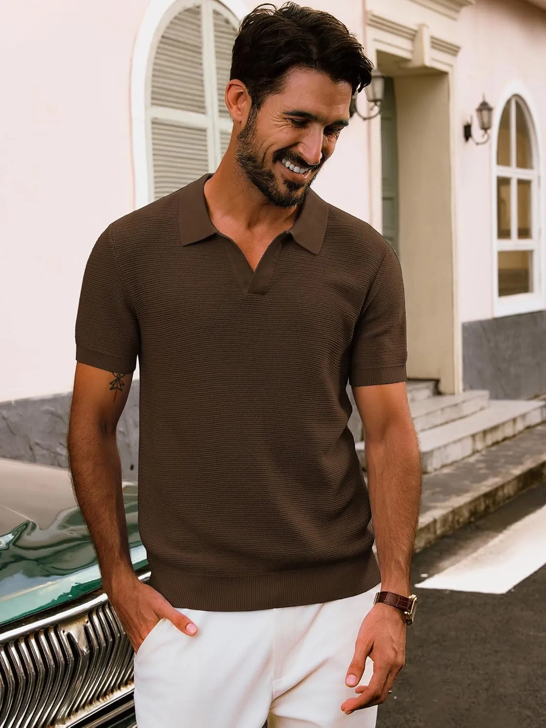 PJ PAUL JONES Mens Polo Shirts Short Sleeve Casual V Neck Ribbed Textured Knit Polo Shirt