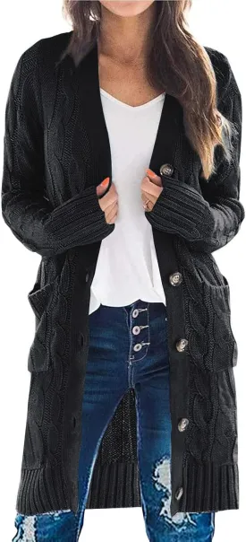 PRETTYGARDEN Long Sleeve Cable Knit Long Cardigan for Women 2025 Fall Winter Chunky Open Front Button Sweaters with Pockets