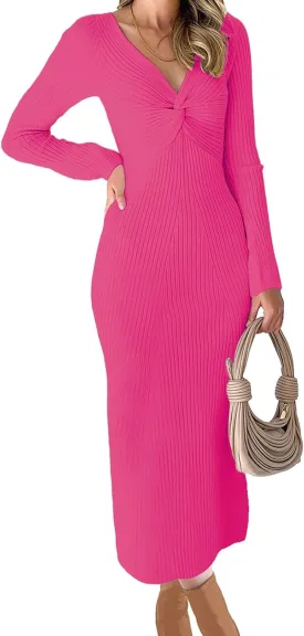 RAISECOM Womens Ribbed Knit Maxi Dresses Long Sleeve V Neck Casual Sweater Dress Bodycon Midi Dress