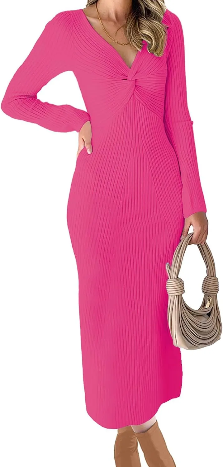 RAISECOM Womens Ribbed Knit Maxi Dresses Long Sleeve V Neck Casual Sweater Dress Bodycon Midi Dress