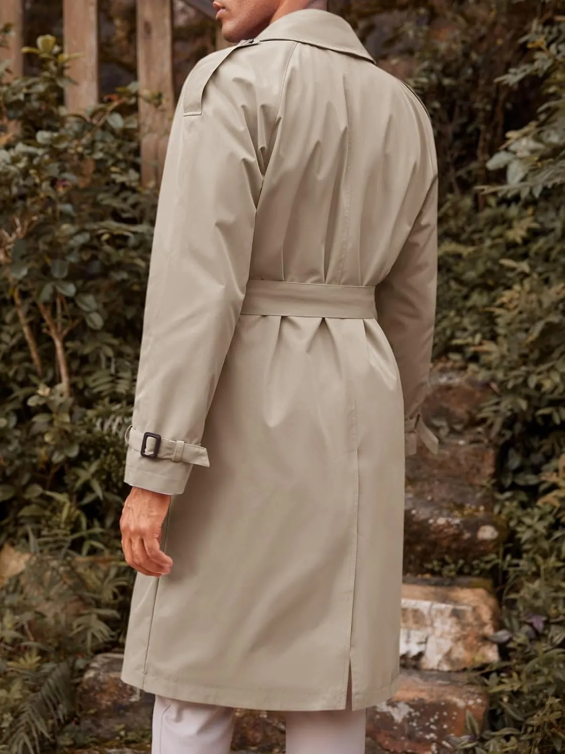 Runcati Mens Trench Coat Double Breasted Long Jacket Casual Windbreaker Notched Lapel Belted Overcoat