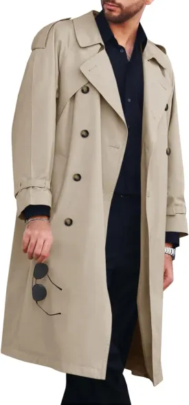 Runcati Mens Trench Coat Double Breasted Long Jacket Casual Windbreaker Notched Lapel Belted Overcoat