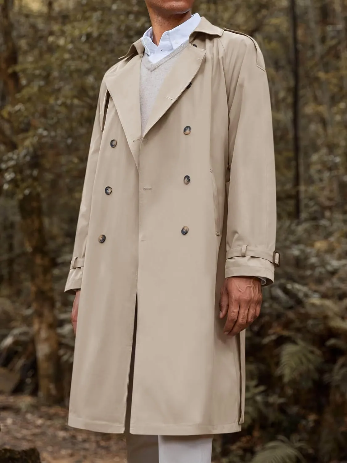 Runcati Mens Trench Coat Double Breasted Long Jacket Casual Windbreaker Notched Lapel Belted Overcoat