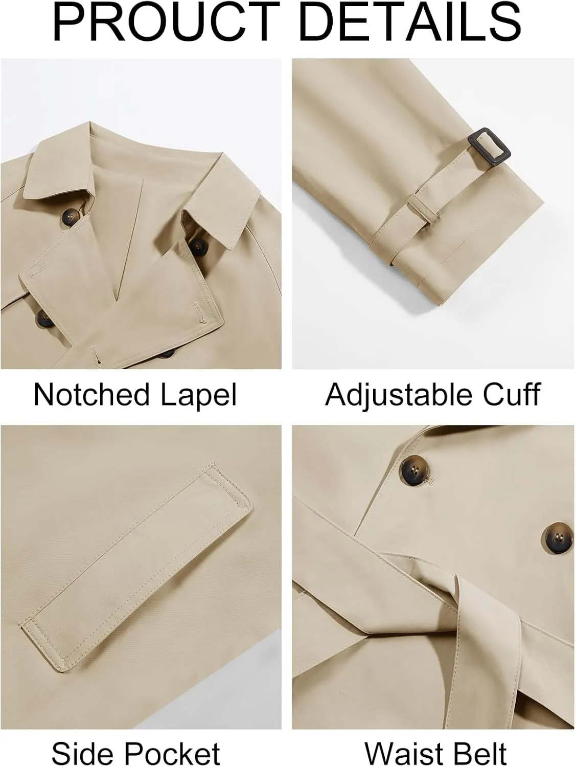 Runcati Mens Trench Coat Double Breasted Long Jacket Casual Windbreaker Notched Lapel Belted Overcoat