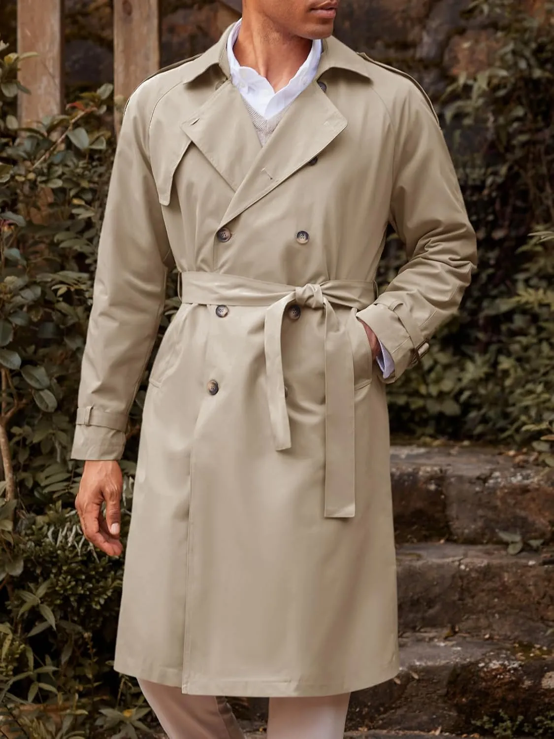 Runcati Mens Trench Coat Double Breasted Long Jacket Casual Windbreaker Notched Lapel Belted Overcoat
