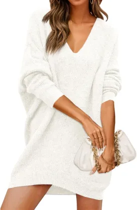 Saodimallsu Womens Oversized Sweater Dress Fall V Neck Long Sleeve Ribbed Knit Casual Loose Mini Pullover Dresses