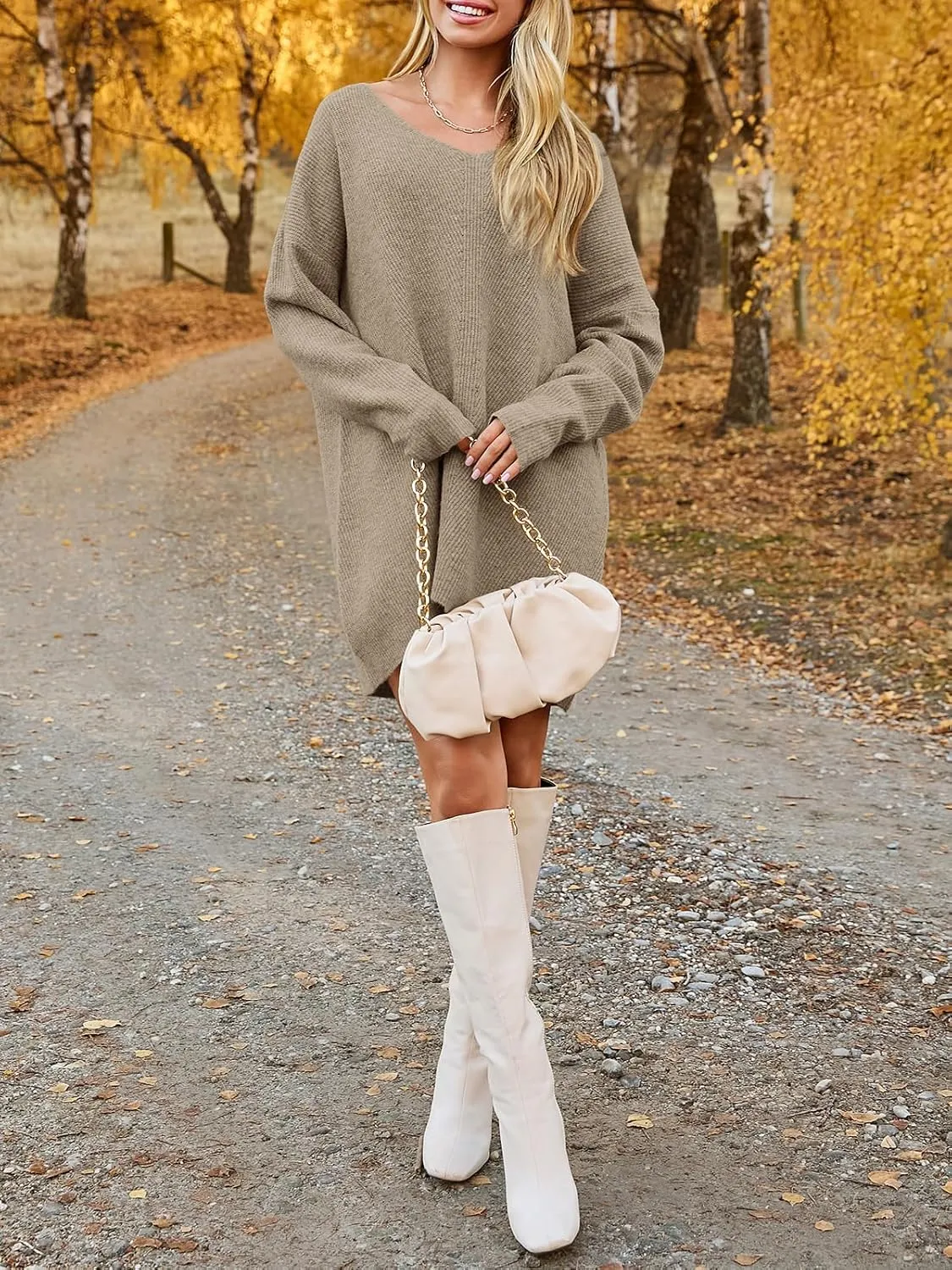 Saodimallsu Womens Oversized Sweater Dress Fall V Neck Long Sleeve Ribbed Knit Casual Loose Mini Pullover Dresses