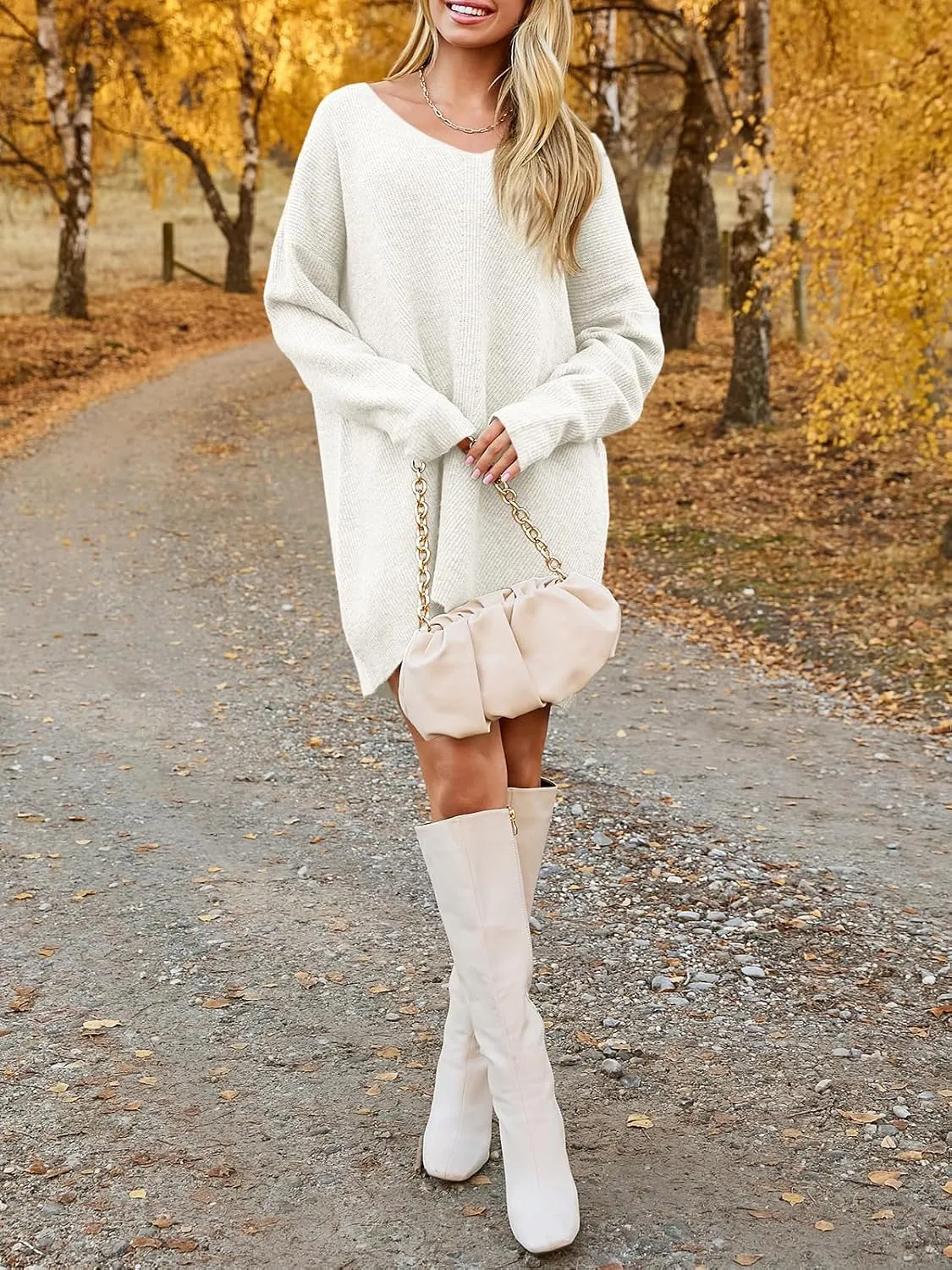 Saodimallsu Womens Oversized Sweater Dress Fall V Neck Long Sleeve Ribbed Knit Casual Loose Mini Pullover Dresses