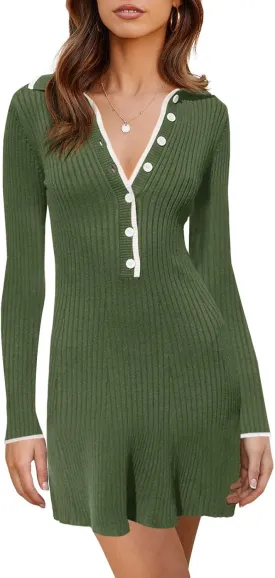 Saodimallsu Womens V Neck Long Sleeve Sweater Dress Button Down Collared Ribbed Knit Slim Fit Bodycon Mini Dresses