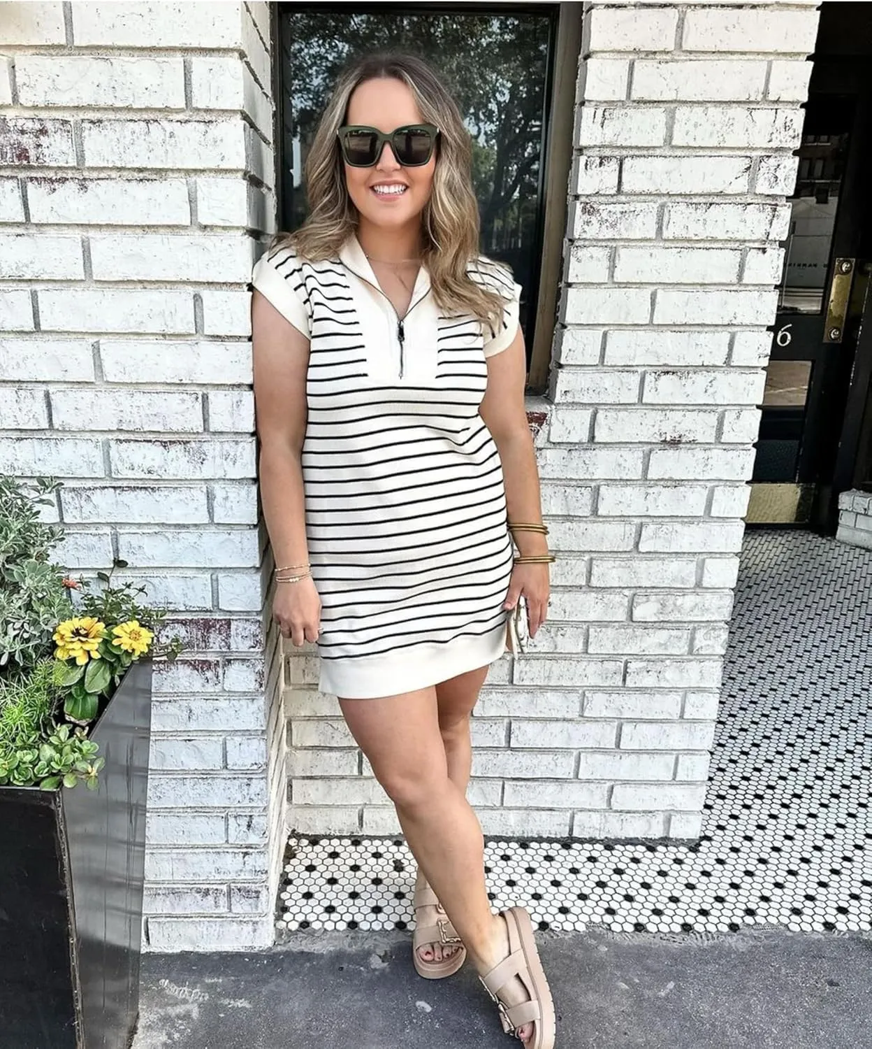 SeekMe Women's Summer Striped Sweater Dress Cap Sleeve Sweatshirt Dress Zip Knit Mini Romper with Pockets