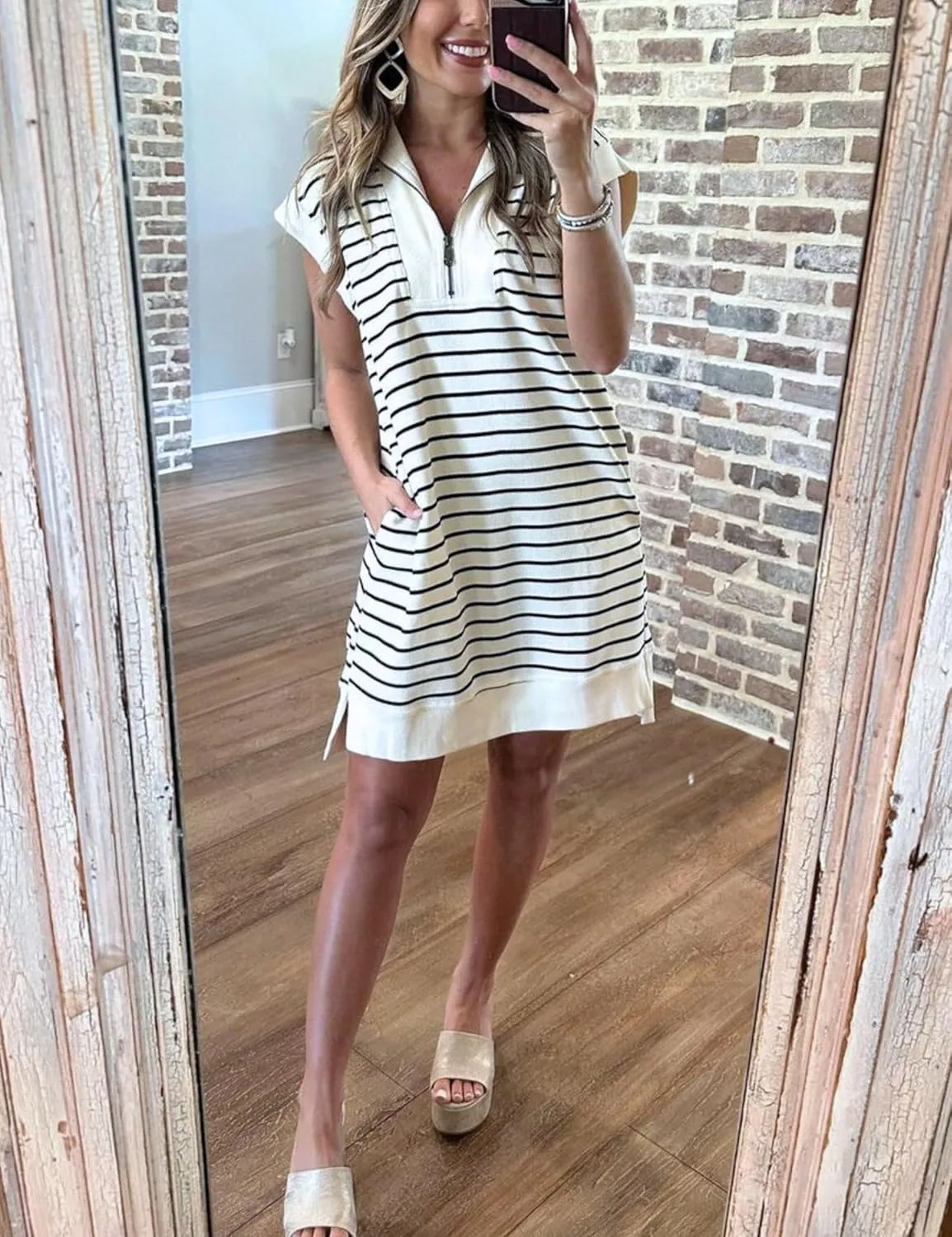 SeekMe Women's Summer Striped Sweater Dress Cap Sleeve Sweatshirt Dress Zip Knit Mini Romper with Pockets