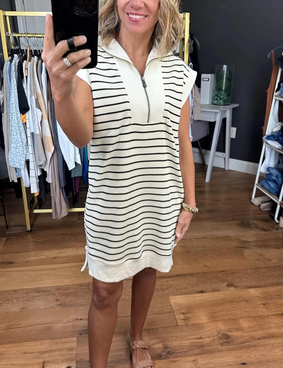 SeekMe Women's Summer Striped Sweater Dress Cap Sleeve Sweatshirt Dress Zip Knit Mini Romper with Pockets
